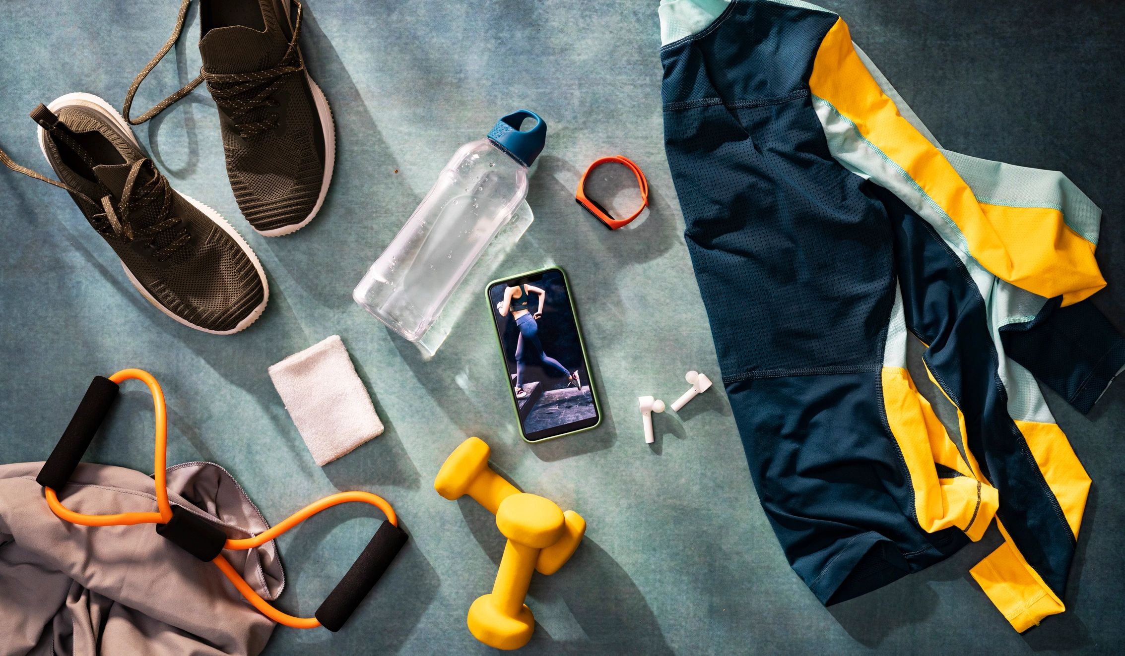 Fitness apparel and accessories flat lay